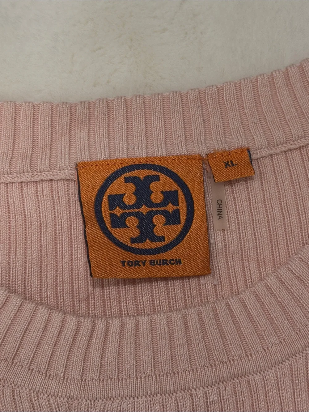 Tory Burch Light Pink Ribbed Crewneck Sweater with Shoulder Buttons size XL